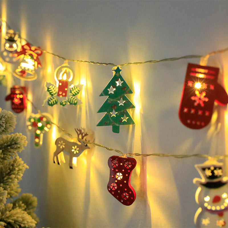 Battery or USB Christmas LED string lights with Santa, snowman, tree and stocking shapes glowing warm white