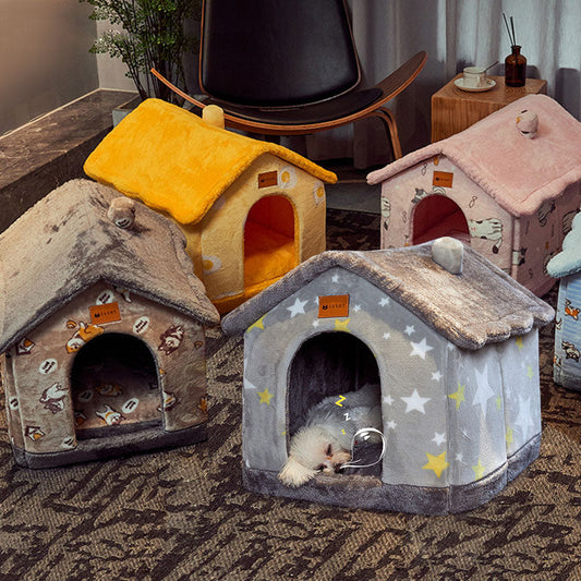 Foldable winter dog and cat bed house with removable nest